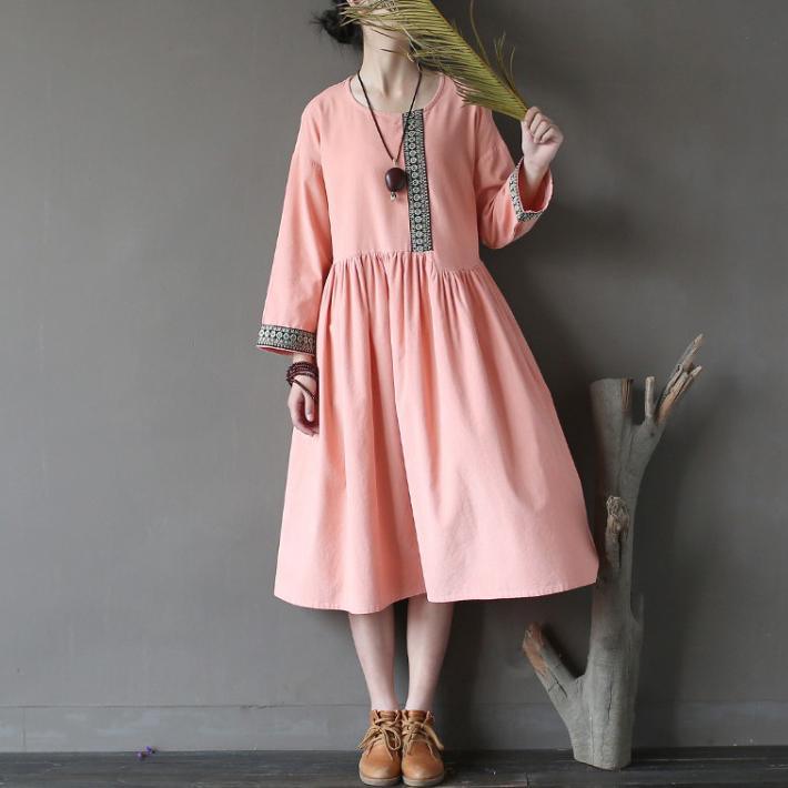 fall new pink cotton maxi dresses baggy loose elastic waist patchwork casual dress - Omychic