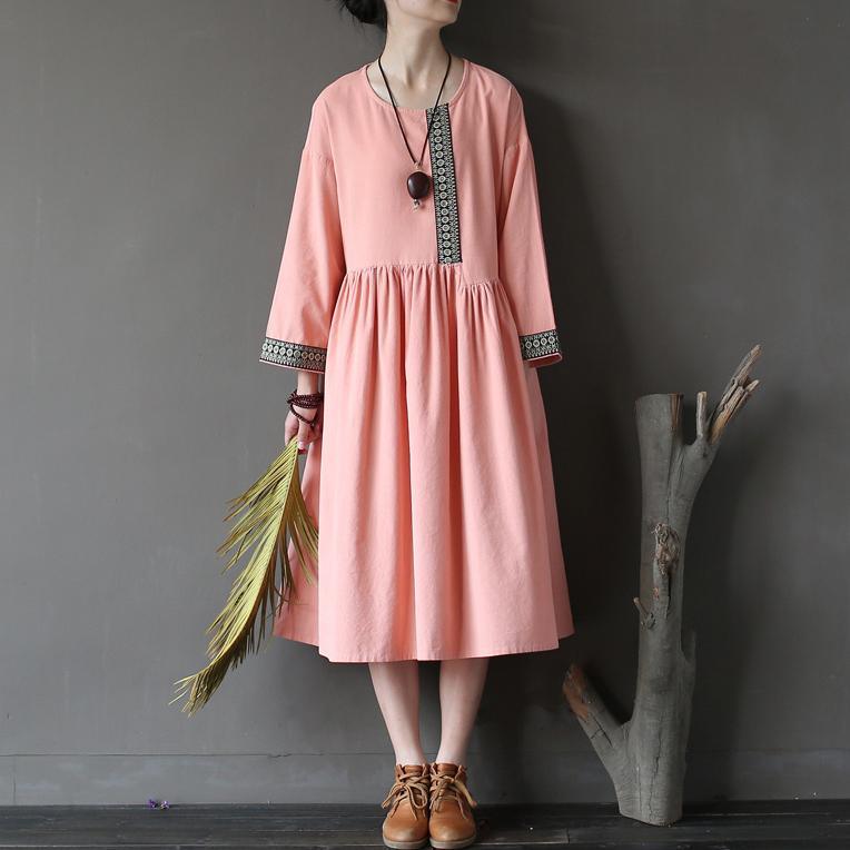 fall new pink cotton maxi dresses baggy loose elastic waist patchwork casual dress - Omychic