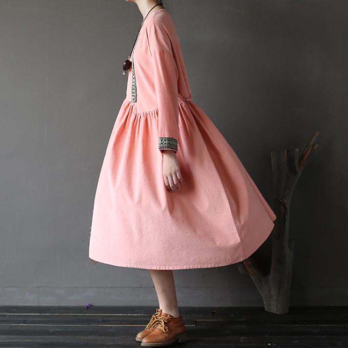 fall new pink cotton maxi dresses baggy loose elastic waist patchwork casual dress - Omychic