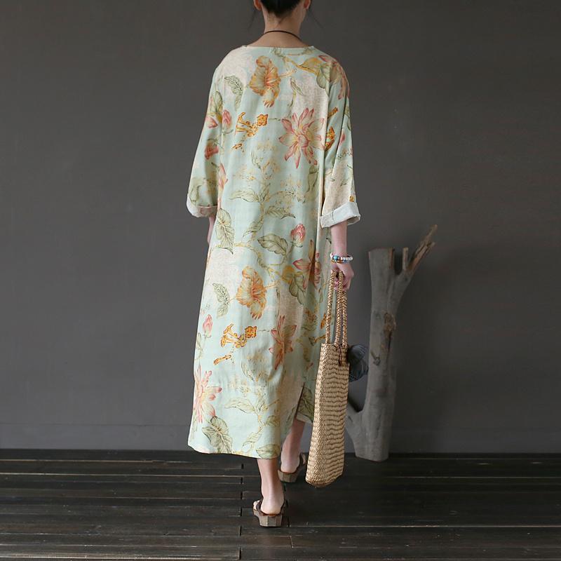 fall new print linen dress plus size asymmetric hem long sleeve maxi dress - Omychic