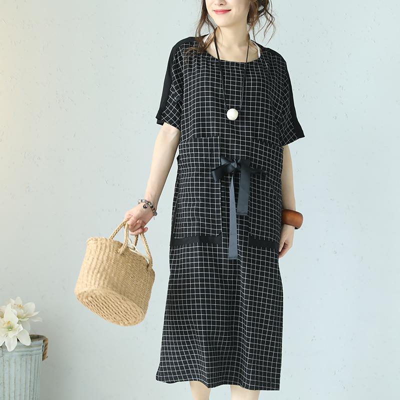 fashion black Plaid cotton blended maxi dress trendy plus size o neck short sleeve traveling clothing 2018 patchwork maxi dresses - Omychic