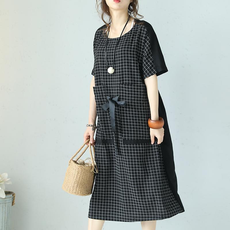 fashion black Plaid cotton blended maxi dress trendy plus size o neck short sleeve traveling clothing 2018 patchwork maxi dresses - Omychic