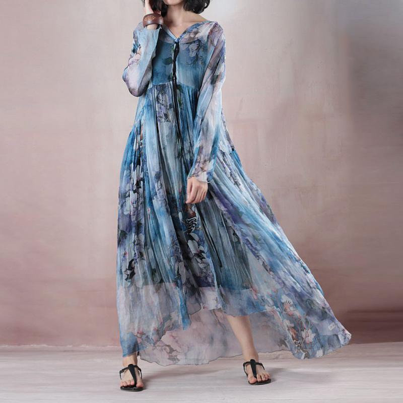 fashion blue print silk dress plus size clothing v neck baggy dresses New long sleeve exra large hem gown - Omychic