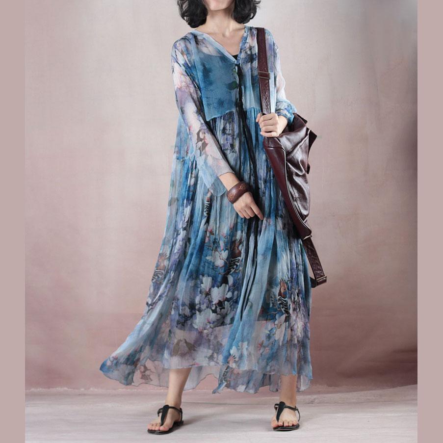 fashion blue print silk dress plus size clothing v neck baggy dresses New long sleeve exra large hem gown - Omychic