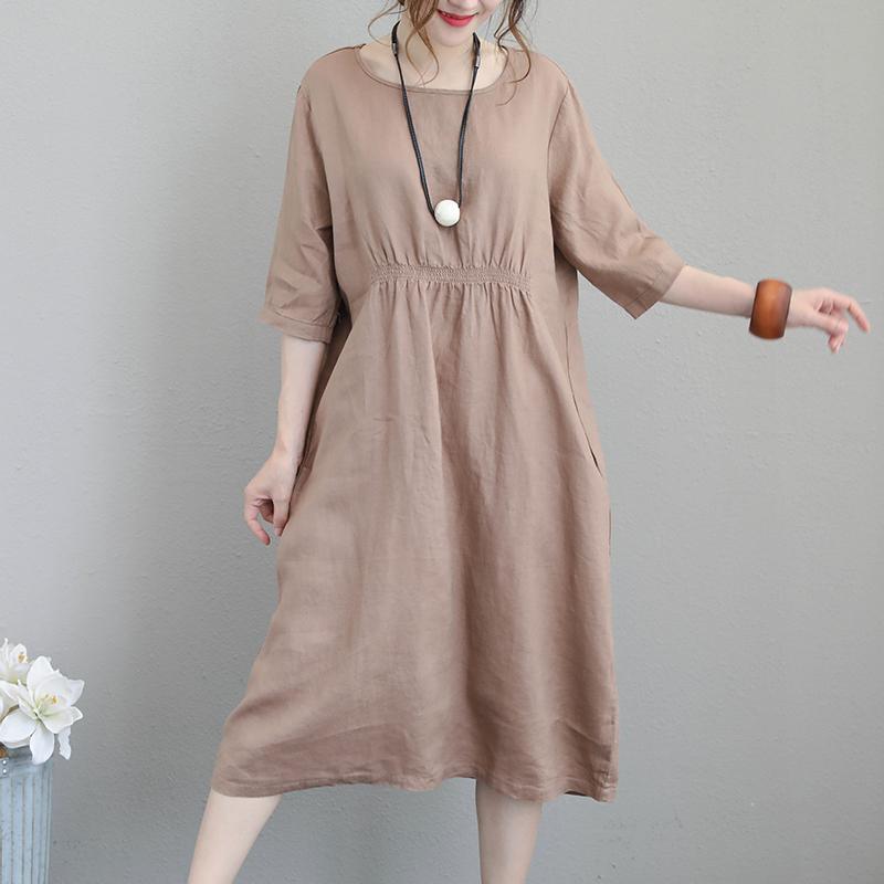 fashion brown natural linen dress Loose fitting O neck elastic waist traveling clothing Fine Half sleeve gown - Omychic