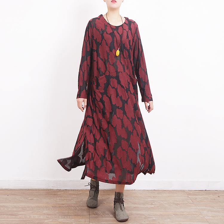 fashion burgundy Loose fitting O neck Jacquard dress Fine side open autumn dress - Omychic