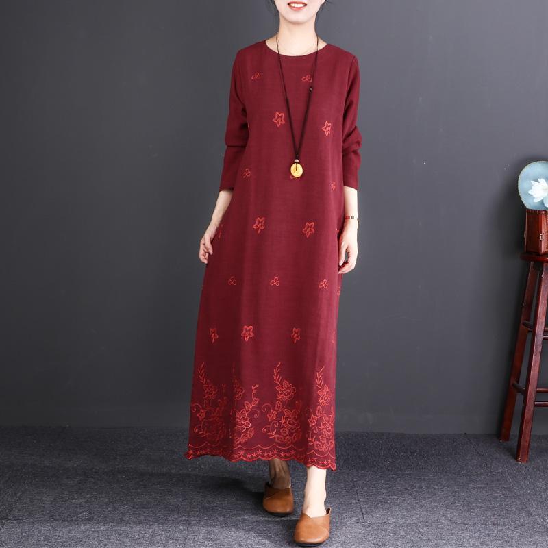 fashion burgundy embroider fabric long linen dresses plus size O neck baggy dresses gown Fine long sleeve maxi dresses - Omychic