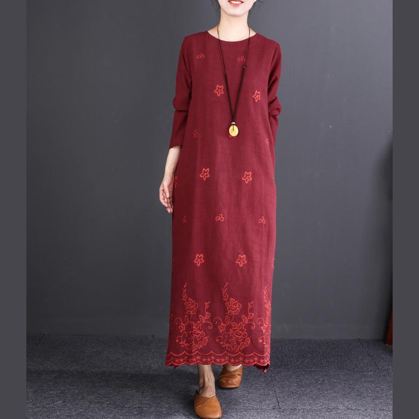 fashion burgundy embroider fabric long linen dresses plus size O neck baggy dresses gown Fine long sleeve maxi dresses - Omychic