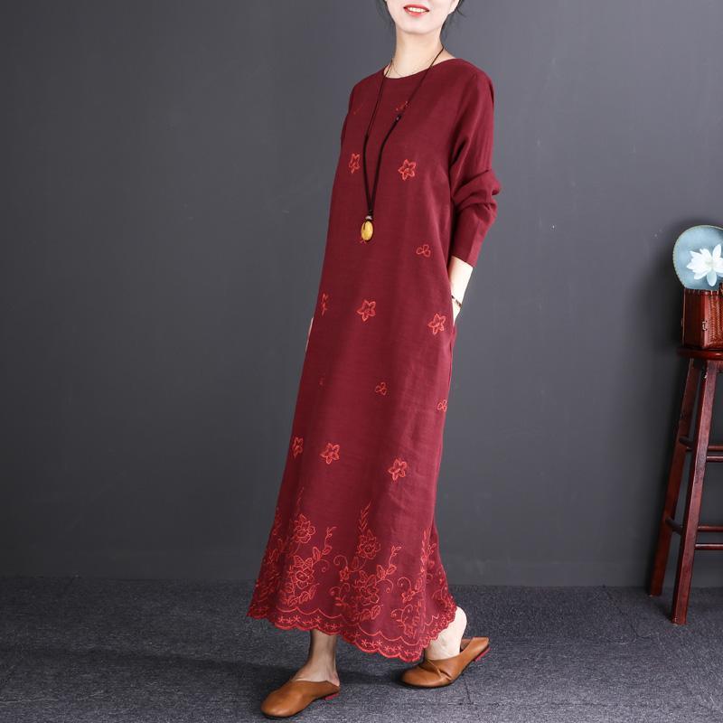 fashion burgundy embroider fabric long linen dresses plus size O neck baggy dresses gown Fine long sleeve maxi dresses - Omychic