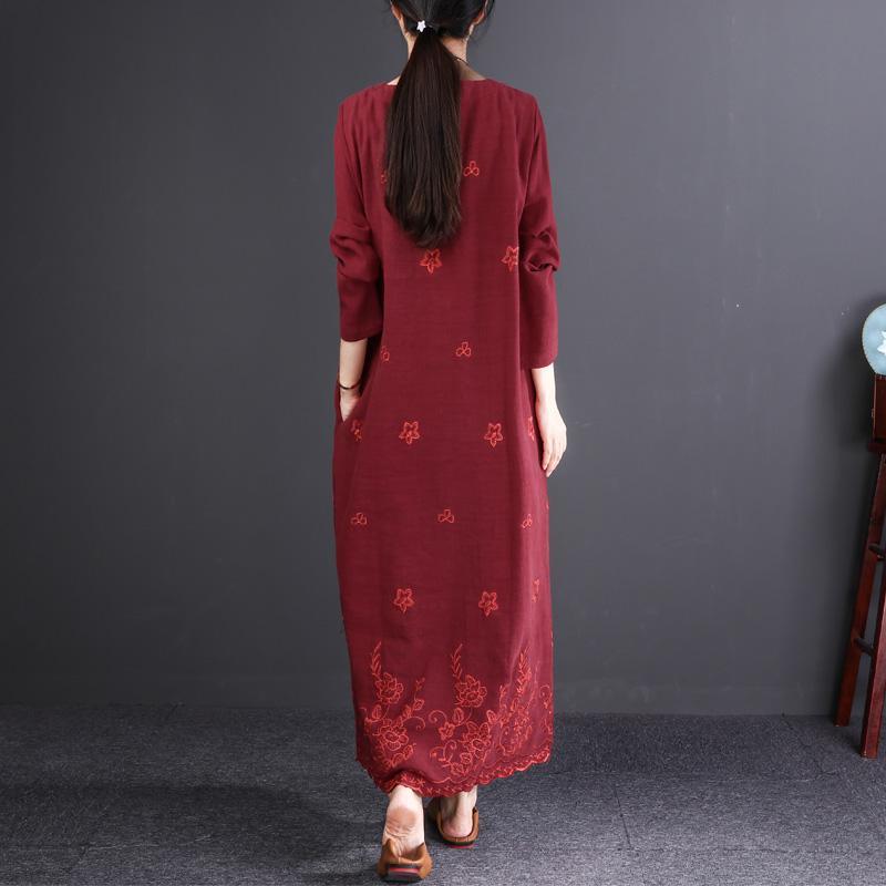 fashion burgundy embroider fabric long linen dresses plus size O neck baggy dresses gown Fine long sleeve maxi dresses - Omychic