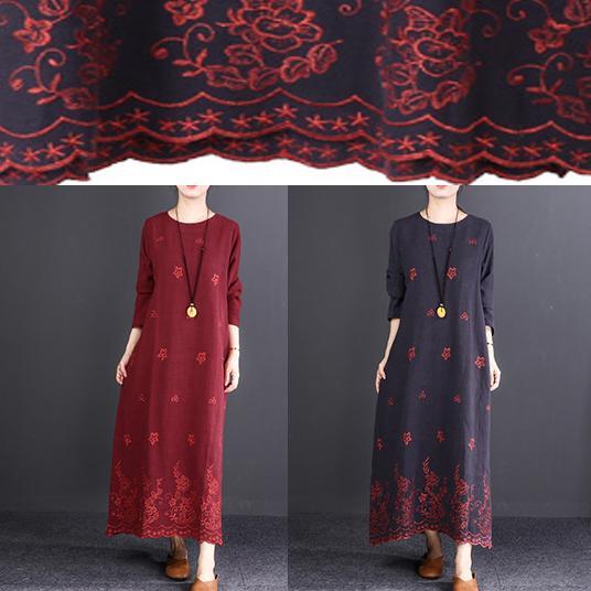 fashion burgundy embroider fabric long linen dresses plus size O neck baggy dresses gown Fine long sleeve maxi dresses - Omychic