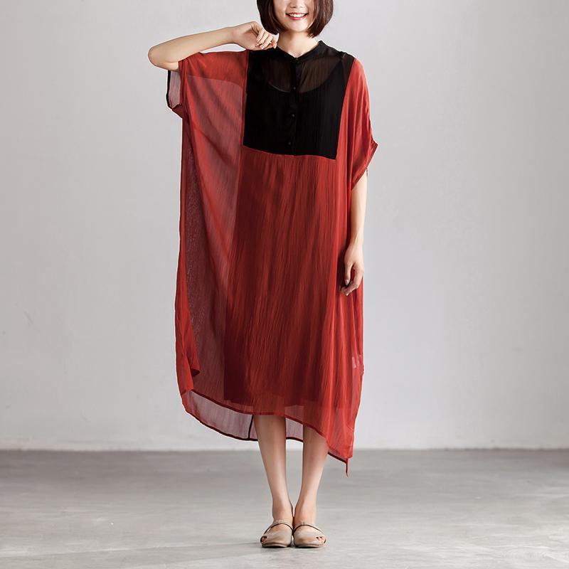 fashion chiffon dress Elegant Stand Collar Summer Short Sleeve Patch Work Long Red Dress - Omychic