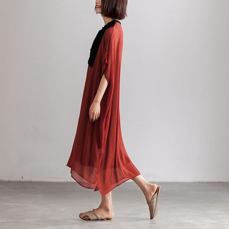 fashion chiffon dress Elegant Stand Collar Summer Short Sleeve Patch Work Long Red Dress - Omychic