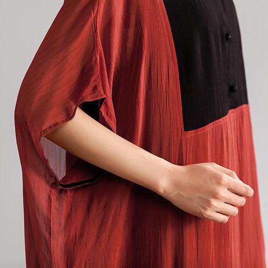 fashion chiffon dress Elegant Stand Collar Summer Short Sleeve Patch Work Long Red Dress - Omychic