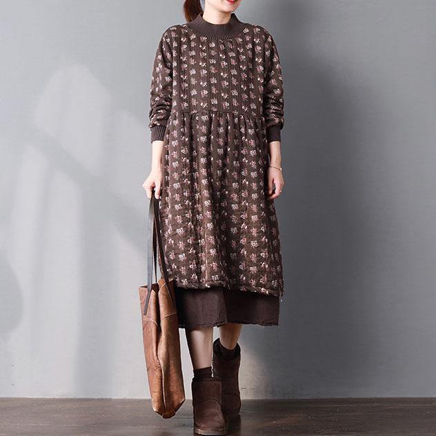 fashion chocolate print cotton spring dress plus size gown patchwork O neck thick casual clothing large hem dresses - Omychic
