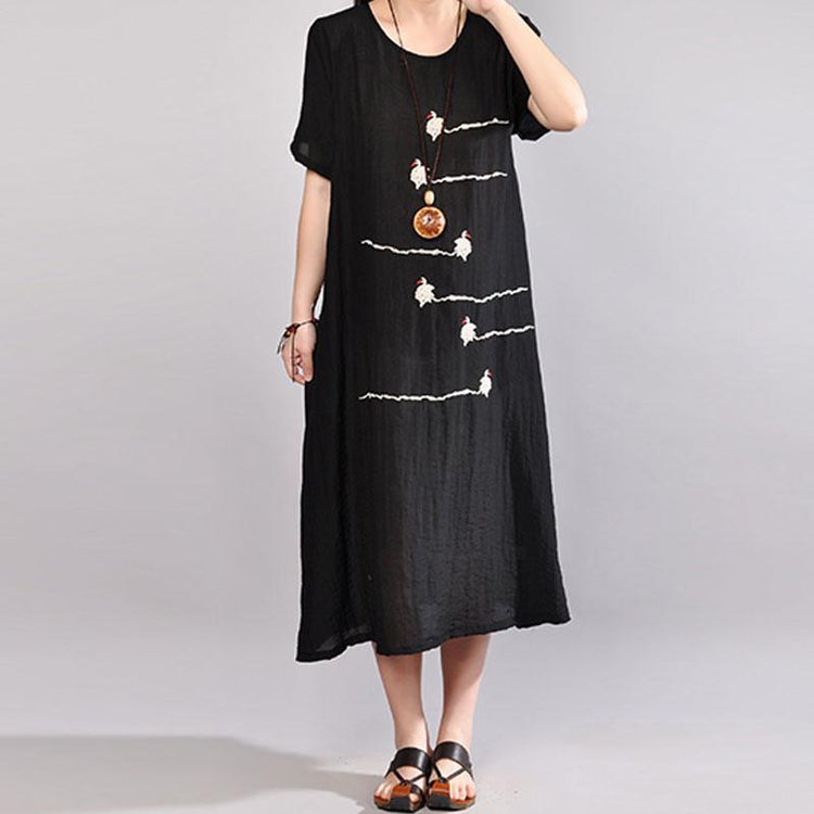 fashion cotton blended summer dress plus size Women Summer Short Sleeve Embroidery Black Dress - Omychic