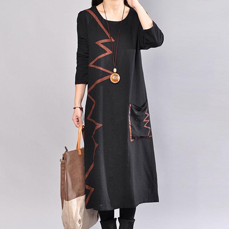 fashion cotton dresses plus size Spring Round Neck Long Sleeve Cotton Printed Black Dress - Omychic