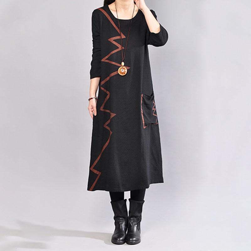 fashion cotton dresses plus size Spring Round Neck Long Sleeve Cotton Printed Black Dress - Omychic