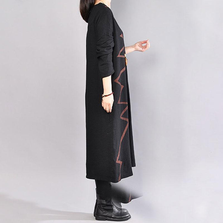 fashion cotton dresses plus size Spring Round Neck Long Sleeve Cotton Printed Black Dress - Omychic