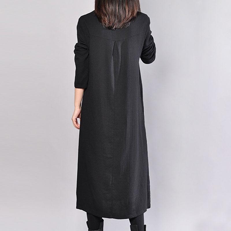 fashion cotton dresses plus size Spring Round Neck Long Sleeve Cotton Printed Black Dress - Omychic