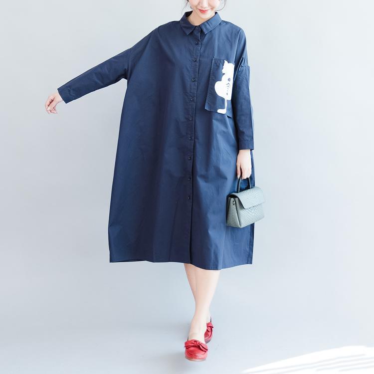 fashion dark blue cotton knee dress plus size casual long sleeve pockets Turn-down Collar baggy dresses - Omychic