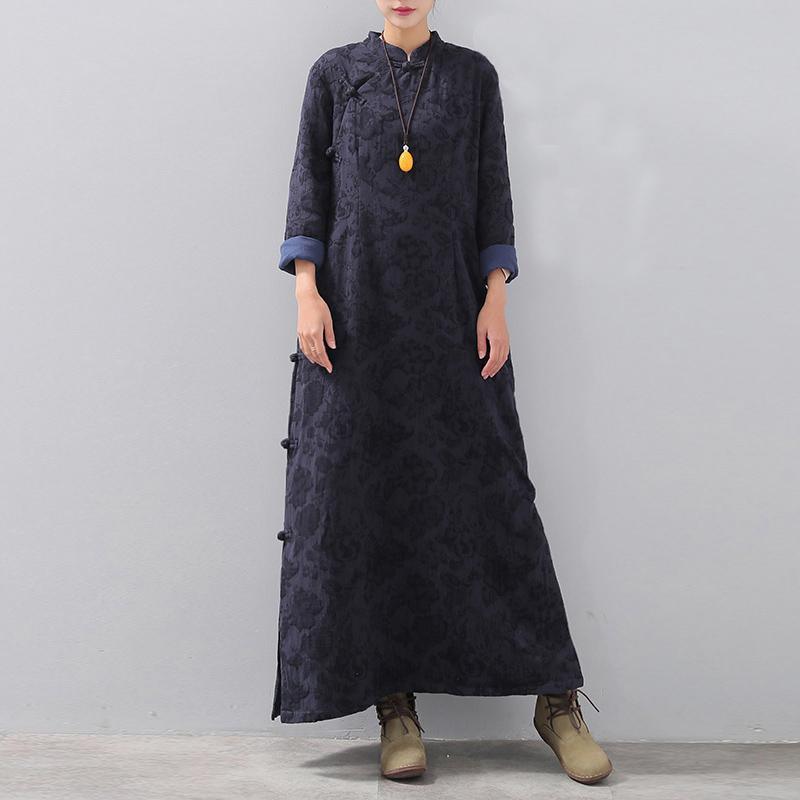 fashion dark blue long trendy plus size stand collar linen clothing dress vintage Chinese Button side open autumn dress - Omychic