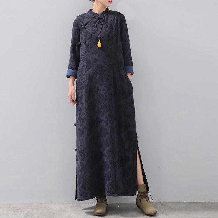 fashion dark blue long trendy plus size stand collar linen clothing dress vintage Chinese Button side open autumn dress - Omychic