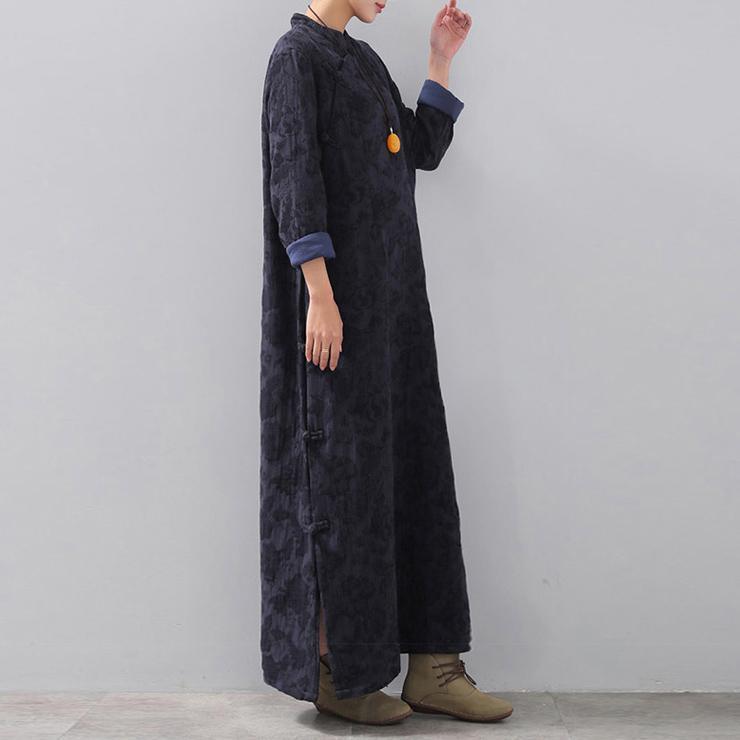 fashion dark blue long trendy plus size stand collar linen clothing dress vintage Chinese Button side open autumn dress - Omychic