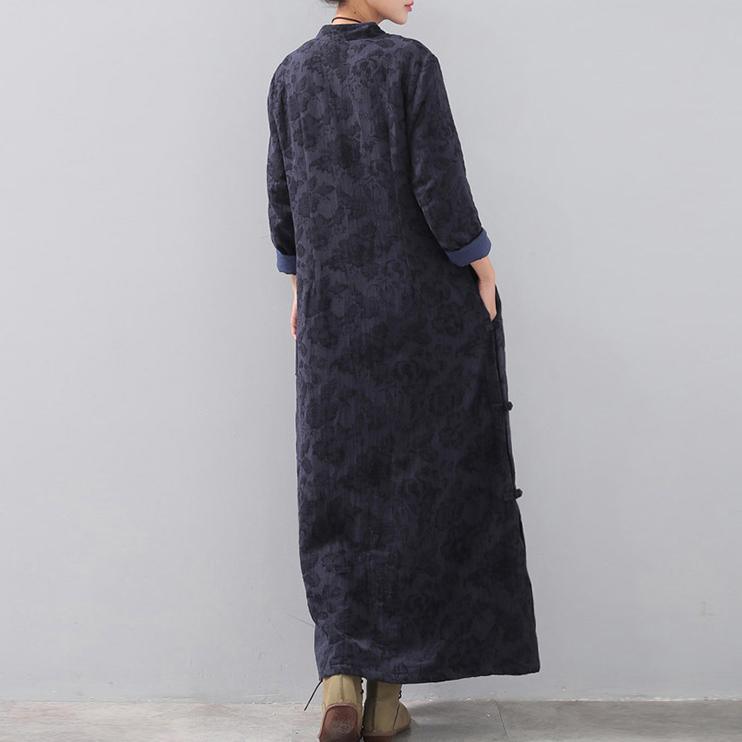 fashion dark blue long trendy plus size stand collar linen clothing dress vintage Chinese Button side open autumn dress - Omychic