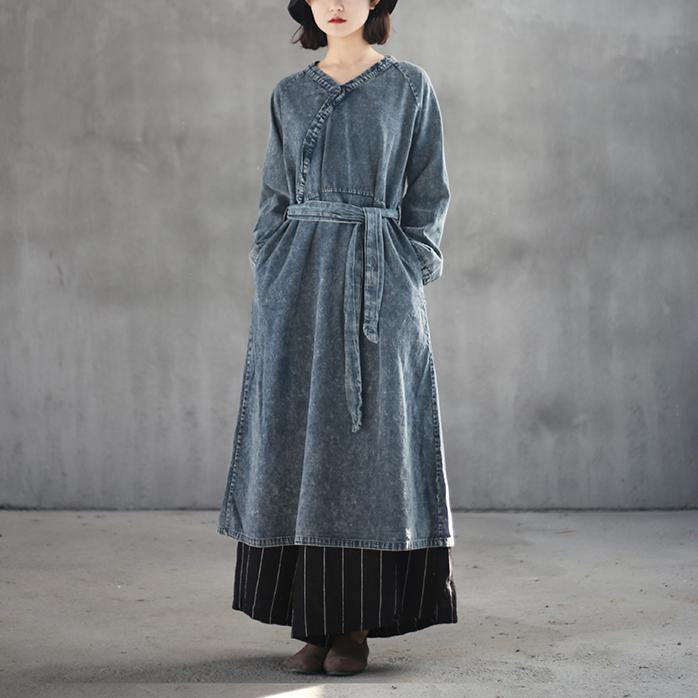 fashion denim blue cotton maxi dress plus size v neck cotton gown boutique tie waist autumn dress - Omychic