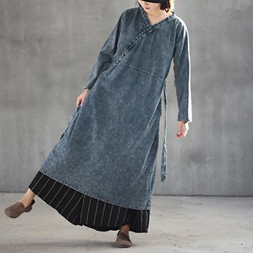 fashion denim blue cotton maxi dress plus size v neck cotton gown boutique tie waist autumn dress - Omychic