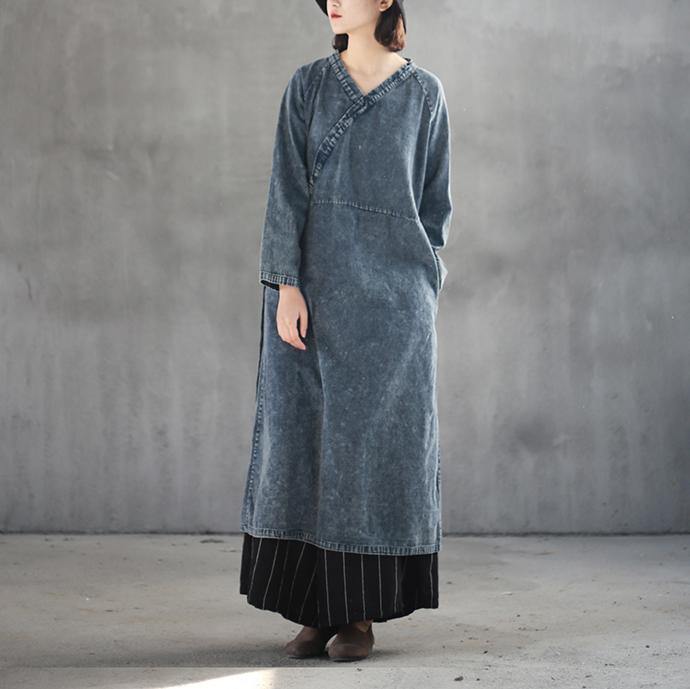 fashion denim blue cotton maxi dress plus size v neck cotton gown boutique tie waist autumn dress - Omychic