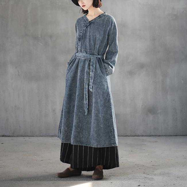 fashion denim blue cotton maxi dress plus size v neck cotton gown boutique tie waist autumn dress - Omychic