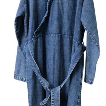 fashion denim blue cotton maxi dress plus size v neck cotton gown boutique tie waist autumn dress - Omychic