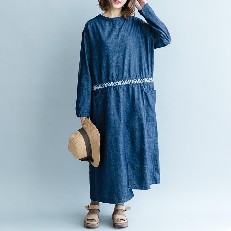 fashion denim blue embroidery natural cotton dress plus size O neck pockets traveling dress top quality long sleeve two ways to wear cotton dresses - Omychic