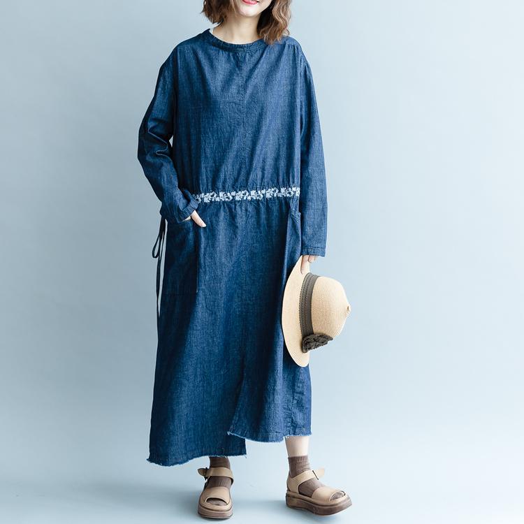 fashion denim blue embroidery natural cotton dress plus size O neck pockets traveling dress top quality long sleeve two ways to wear cotton dresses - Omychic