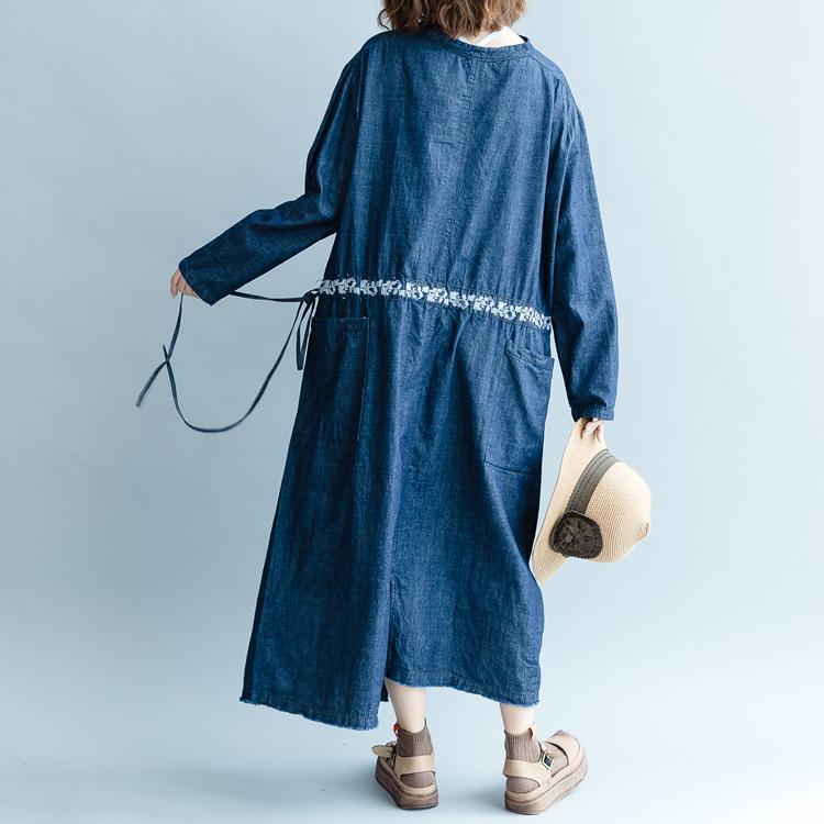 fashion denim blue embroidery natural cotton dress plus size O neck pockets traveling dress top quality long sleeve two ways to wear cotton dresses - Omychic