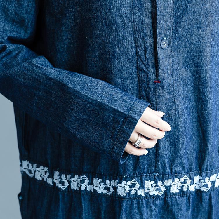 fashion denim blue embroidery natural cotton dress plus size O neck pockets traveling dress top quality long sleeve two ways to wear cotton dresses - Omychic