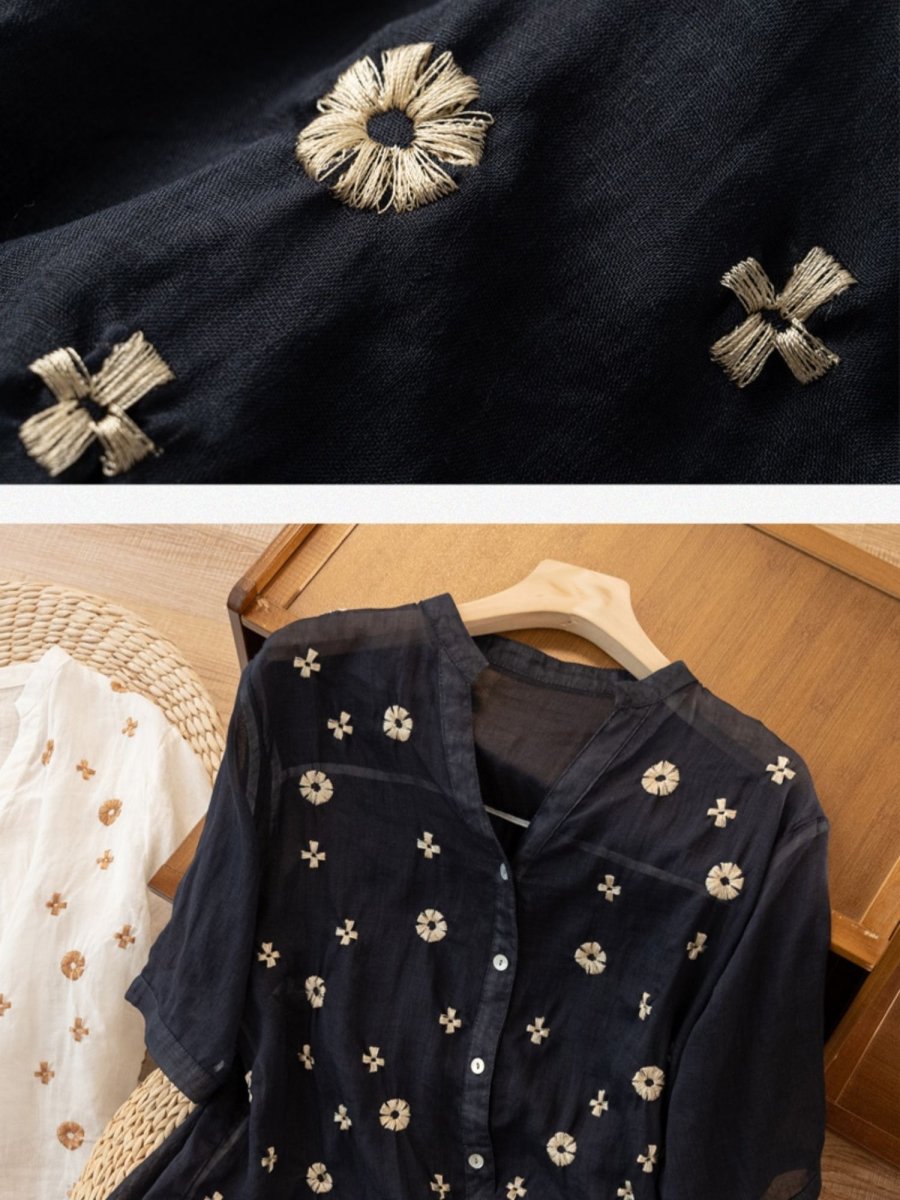 Fashion Embroidery V-Neck Ramie Blouse Short Sleeve