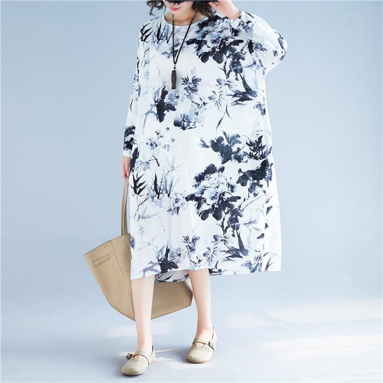 fashion floral cotton linen maxi dress plus size clothing o neck baggy dresses cotton linen maxi dress - Omychic