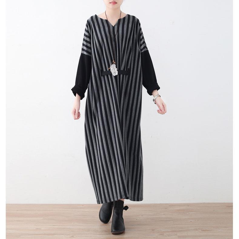fashion gray striped long cotton dress plus size V neck tie waist cotton clothing dress Batwing Sleeve maxi dress - Omychic