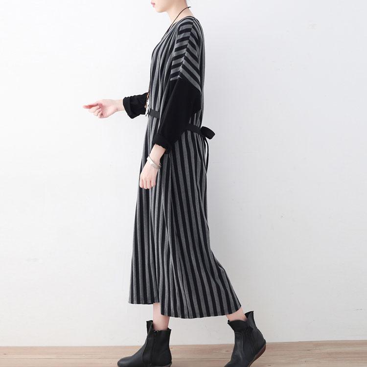 fashion gray striped long cotton dress plus size V neck tie waist cotton clothing dress Batwing Sleeve maxi dress - Omychic