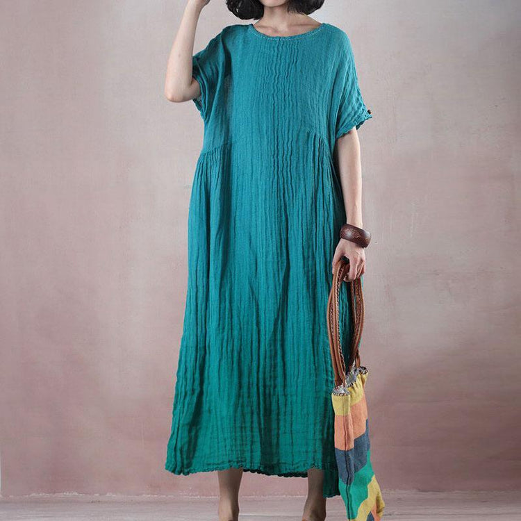 fashion green cotton linen maxi dress plus size clothing o neck baggy dresses Elegant wrinkled short sleeve cotton linen long dress - Omychic