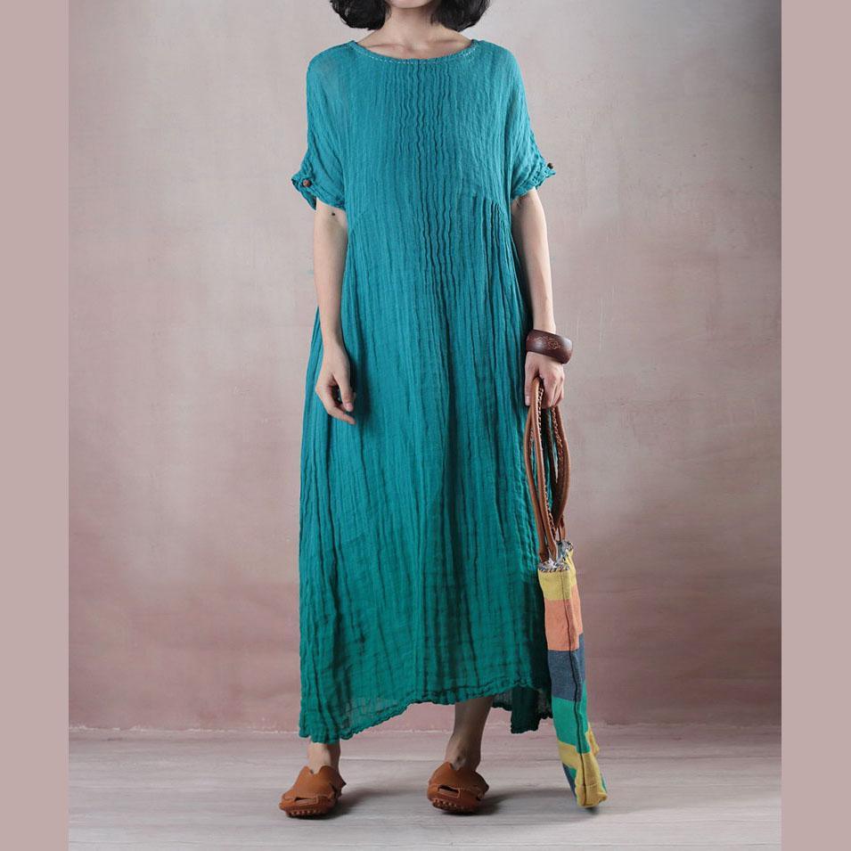 fashion green cotton linen maxi dress plus size clothing o neck baggy dresses Elegant wrinkled short sleeve cotton linen long dress - Omychic