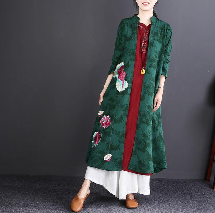 fashion green embroidery long cotton linen cardigans plus size Stand gown boutique long sleeve trench coats - Omychic