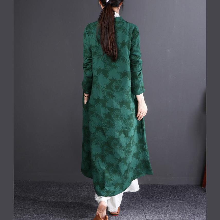 fashion green embroidery long cotton linen cardigans plus size Stand gown boutique long sleeve trench coats - Omychic