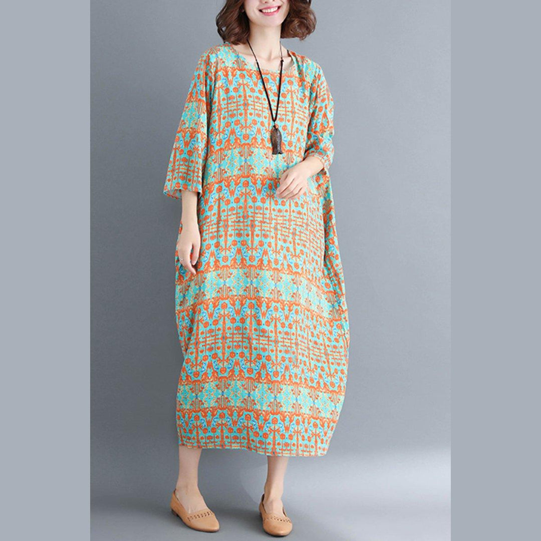Fashion Green Print Cotton Linen Dresses Plus Size Women Three Quarter Sleeve O Neck Cotton Linen Dress ( Limited Stock) - Omychic