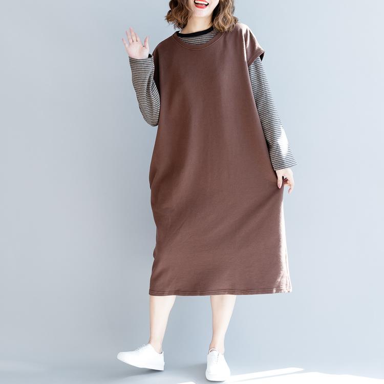 fashion khaki fall cotton dress oversized fall dresses sleeveless top quality o neck natural cotton dress - Omychic