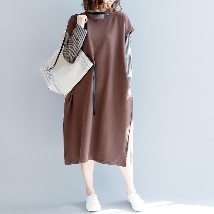 fashion khaki fall cotton dress oversized fall dresses sleeveless top quality o neck natural cotton dress - Omychic