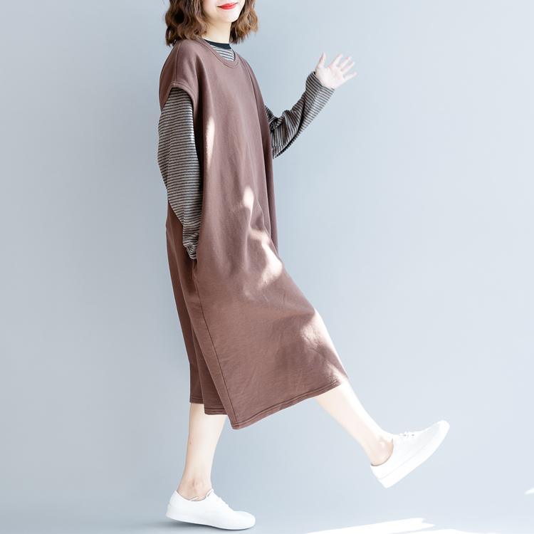 fashion khaki fall cotton dress oversized fall dresses sleeveless top quality o neck natural cotton dress - Omychic